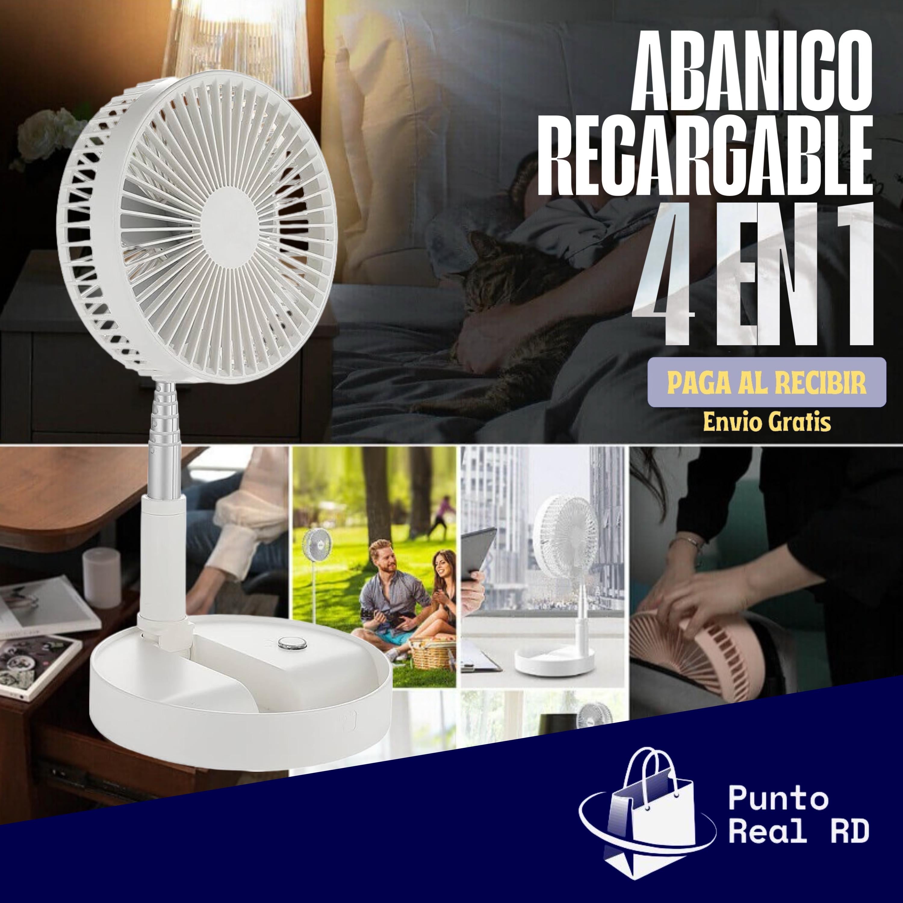 Abanico Recargable 4 en 1 – Escritorio y Pedestal Extensible | Potente, Silencioso y Portátil