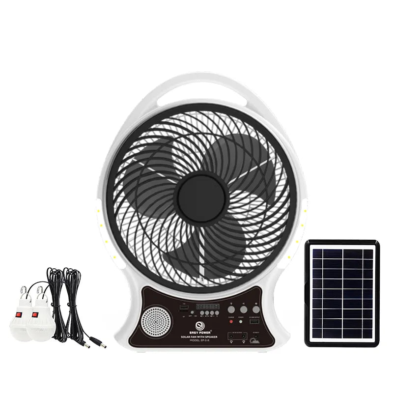 Abanico Recargable Solar con Altavoz – Frescura y Música en Cualquier Lugar